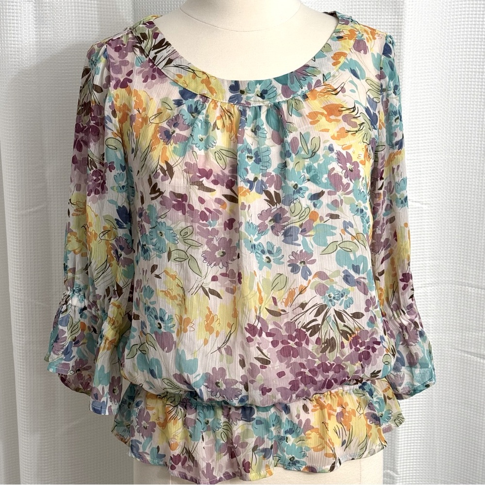 R.Q.T. Women's Floral Print Blouse, 3/4 Sleeves,‎ Round Neckline, Elastic Waist